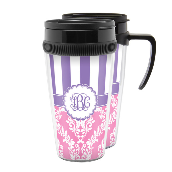 Custom Pink & Purple Damask Acrylic Travel Mug (Personalized)