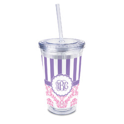 Pink & Purple Damask 16oz Double Wall Acrylic Tumbler with Lid & Straw - Full Print (Personalized)
