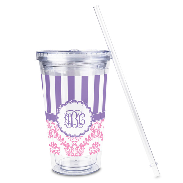Pink & Purple Damask Acrylic Tumbler - Full Print - Front straw out