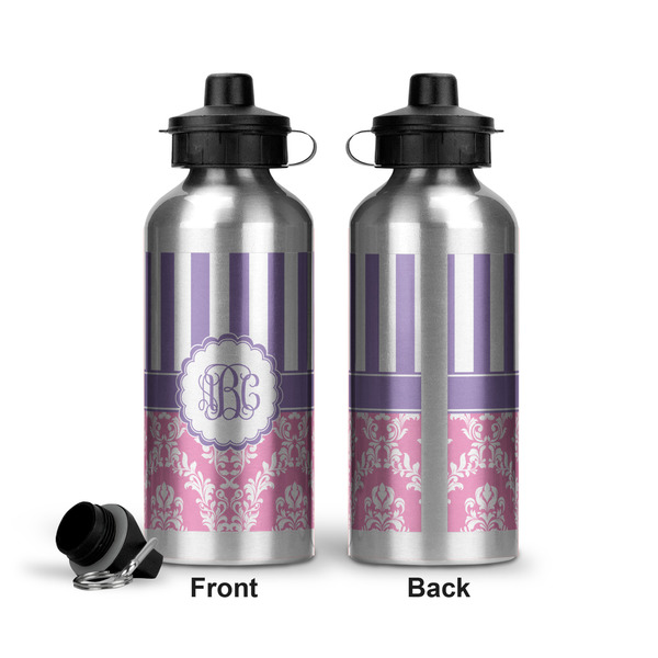 Pink & Purple Damask Aluminum Water Bottle - Front and Back