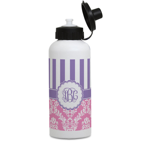 Custom Pink & Purple Damask Water Bottles - Aluminum - 20 oz - White (Personalized)