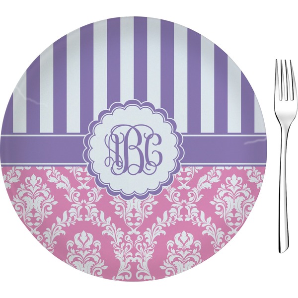 Custom Pink & Purple Damask Glass Appetizer / Dessert Plate 8" (Personalized)