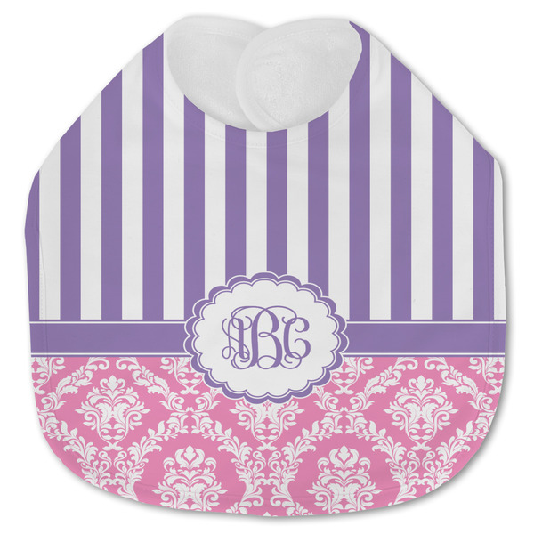 Custom Pink & Purple Damask Jersey Knit Baby Bib w/ Monogram