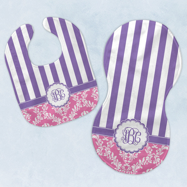 Custom Pink & Purple Damask Baby Bib & Burp Set w/ Monogram