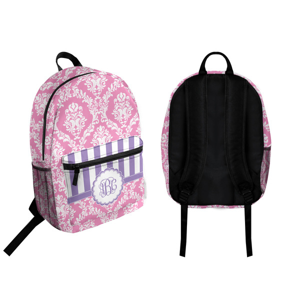 Pink & Purple Damask Backpack front and back - Apvl