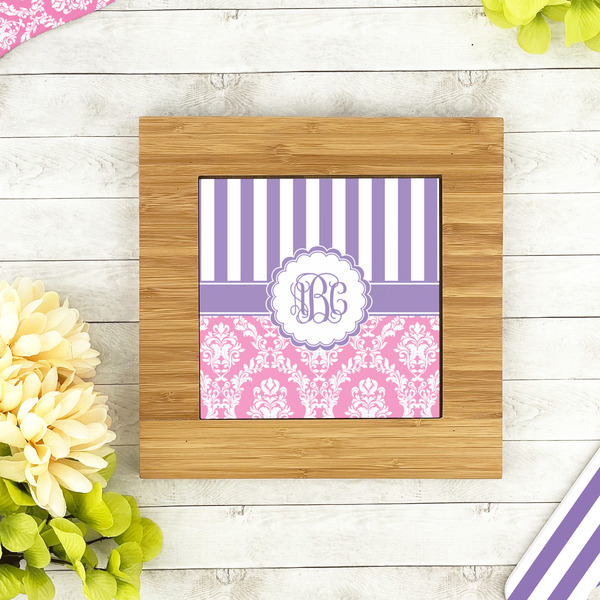 Pink & Purple Damask Bamboo Trivet with 6" Tile - LIFESTYLE