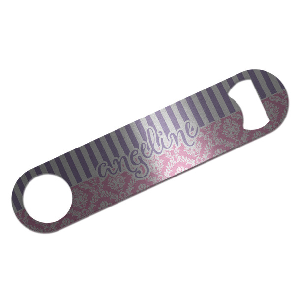 Pink & Purple Damask Bar Opener - Silver - Front