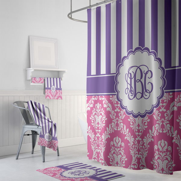 Pink & Purple Damask Bath Towel Sets - 3-piece - In Context