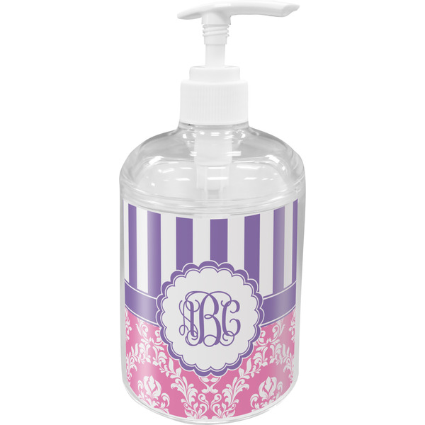 Custom Pink & Purple Damask Acrylic Soap & Lotion Bottle (Personalized)