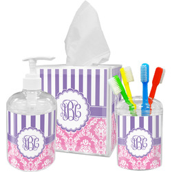 Pink & Purple Damask Acrylic Bathroom Accessories Set w/ Monogram