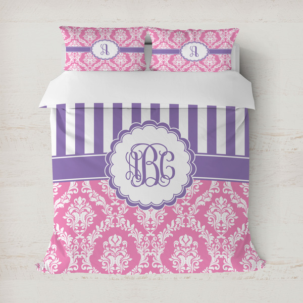 Custom Pink & Purple Damask Duvet Cover Set - Full / Queen (Personalized)