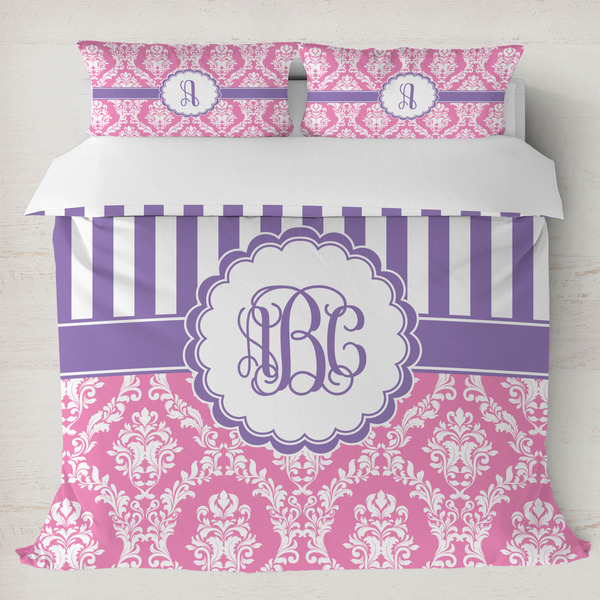 Custom Pink & Purple Damask Duvet Cover Set - King (Personalized)