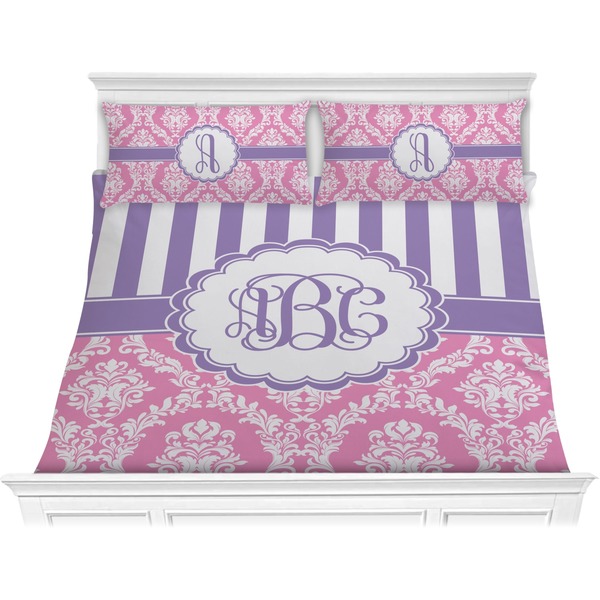 Custom Pink & Purple Damask Comforter Set - King (Personalized)