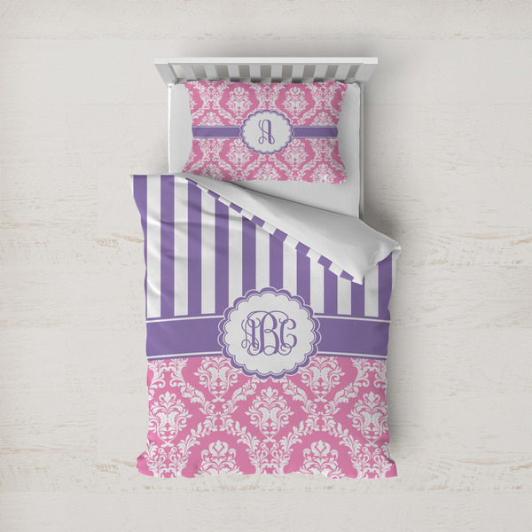 Custom Pink & Purple Damask Duvet Cover Set - Twin (Personalized)