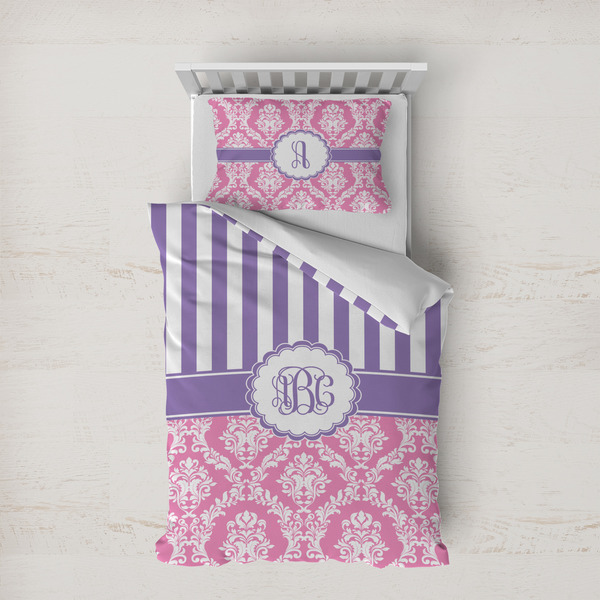 Custom Pink & Purple Damask Duvet Cover Set - Twin XL (Personalized)