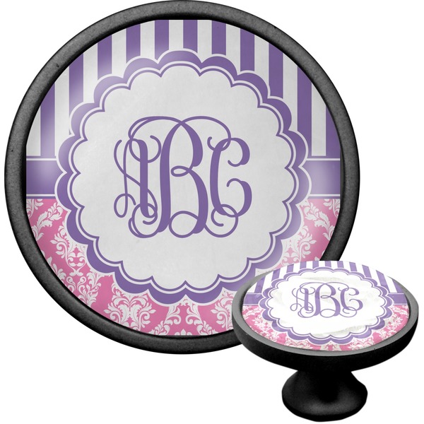 Custom Pink & Purple Damask Cabinet Knob (Black) (Personalized)