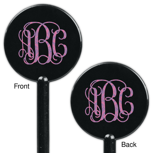 Pink & Purple Damask Black Plastic 5.5" Stir Stick - Double Sided - Round - Front & Back