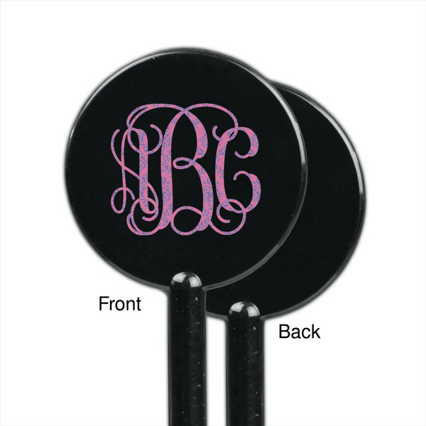 Pink & Purple Damask Black Plastic 5.5" Stir Stick - Single Sided - Round - Front & Back
