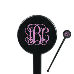Pink & Purple Damask 7" Round Plastic Stir Sticks - Black - Single Sided (Personalized)