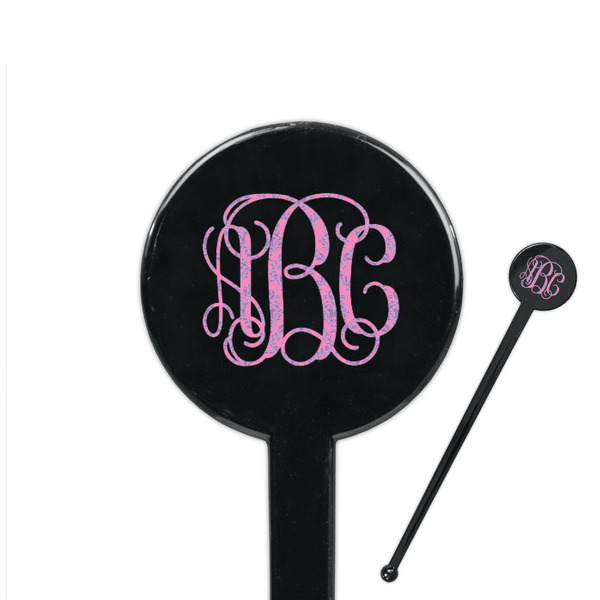 Custom Pink & Purple Damask 7" Round Plastic Stir Sticks - Black - Single Sided (Personalized)