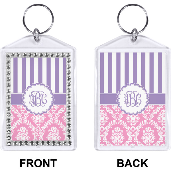 Pink & Purple Damask Bling Keychain (Front + Back)