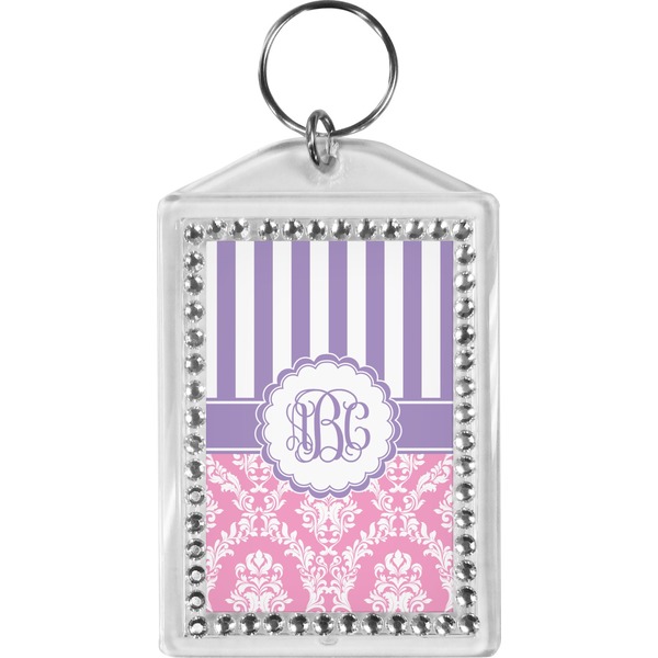 Custom Pink & Purple Damask Bling Keychain (Personalized)