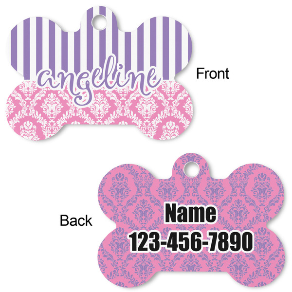 Pink & Purple Damask Bone Shaped Dog ID Tag - Large - Approval