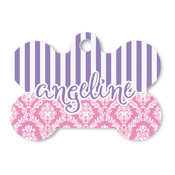 Custom Pink & Purple Damask Bone Shaped Dog ID Tag (Personalized)