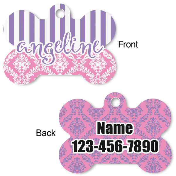 Pink & Purple Damask Bone Shaped Dog Tag - Front & Back