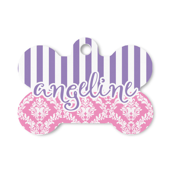 Custom Pink & Purple Damask Bone Shaped Dog ID Tag - Small (Personalized)