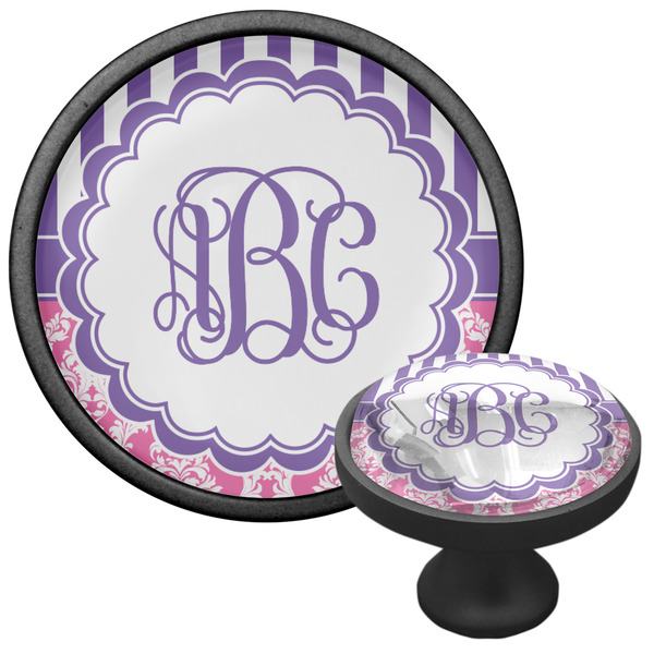 Pink & Purple Damask Cabinet Knob - Black - Multi Angle
