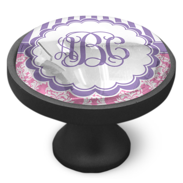 Pink & Purple Damask Cabinet Knob - Black - Side