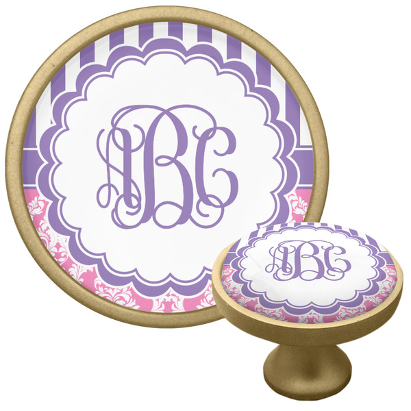 Custom Pink & Purple Damask Cabinet Knob - Gold (Personalized)