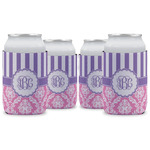 Pink & Purple Damask Can Cooler (12 oz) - Set of 4 w/ Monogram