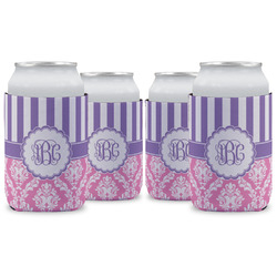 Pink & Purple Damask Can Cooler (12 oz) - Set of 4 w/ Monogram