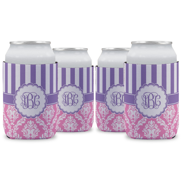 Custom Pink & Purple Damask Can Cooler (12 oz) - Set of 4 w/ Monogram