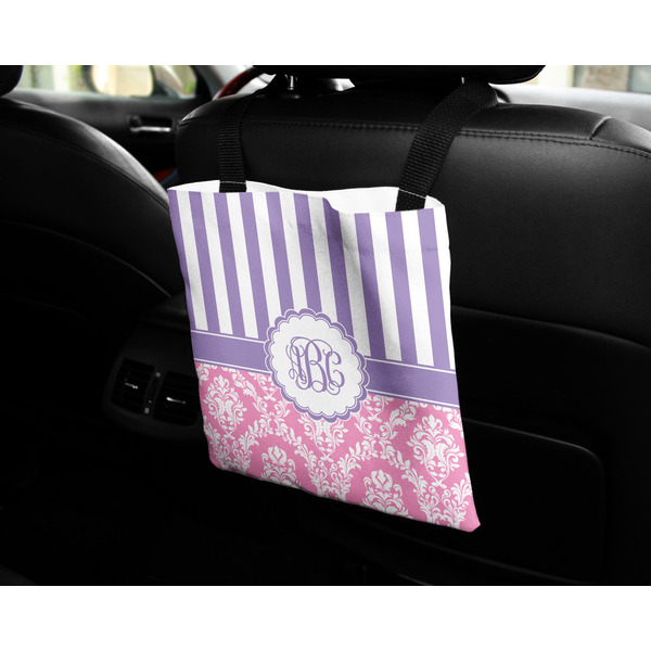 Pink & Purple Damask Car Bag - In Use