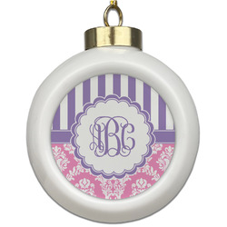 Pink & Purple Damask Ceramic Ball Ornament (Personalized)