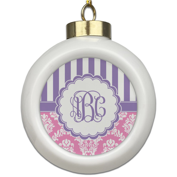 Custom Pink & Purple Damask Ceramic Ball Ornament (Personalized)