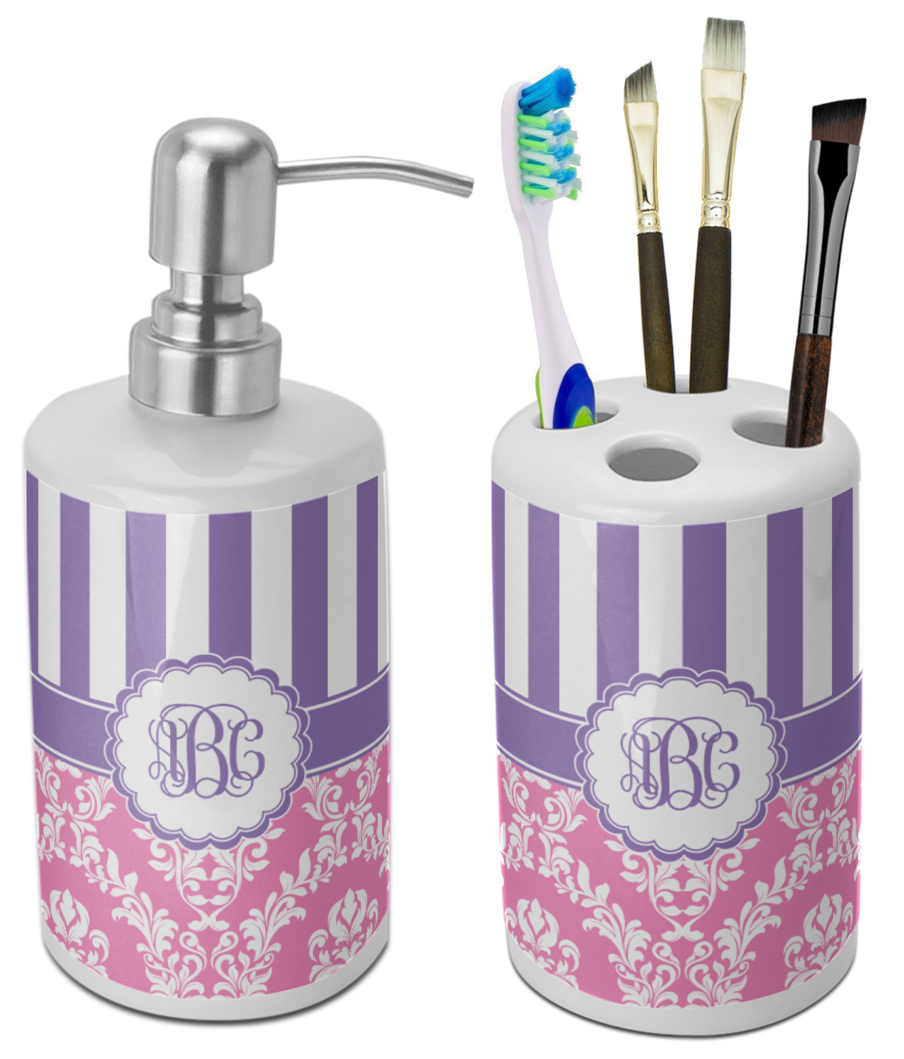 Custom Pink & Purple Damask Ceramic Bathroom Accessories Set
