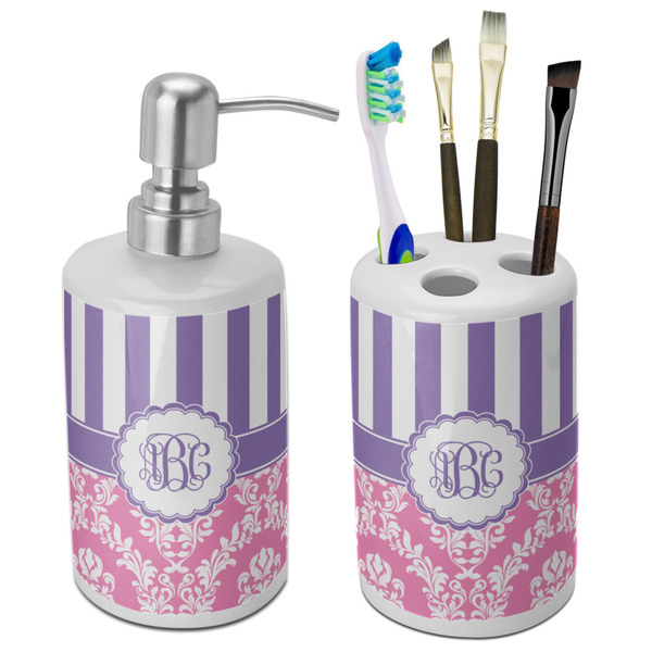 Custom Pink & Purple Damask Ceramic Bathroom Accessories Set (Personalized)