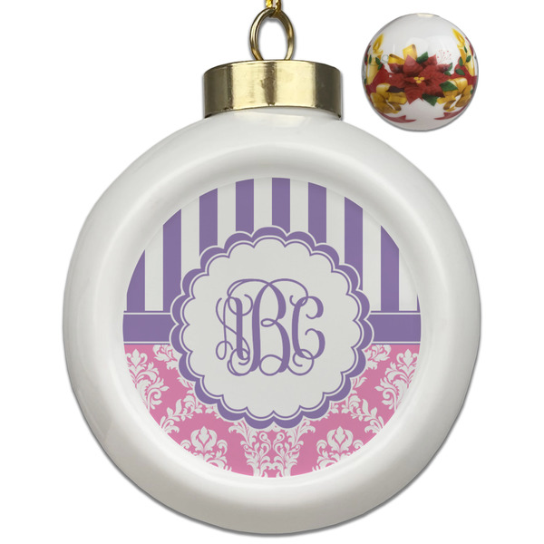 Custom Pink & Purple Damask Ceramic Ball Ornaments - Poinsettia Garland (Personalized)