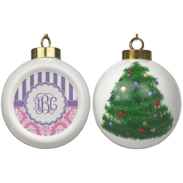 Pink & Purple Damask Ceramic Christmas Ornament - X-Mas Tree (APPROVAL)