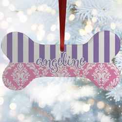 Pink & Purple Damask Ceramic Dog Ornament w/ Monograms