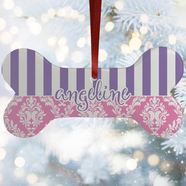 Custom Pink & Purple Damask Ceramic Dog Ornament w/ Monograms