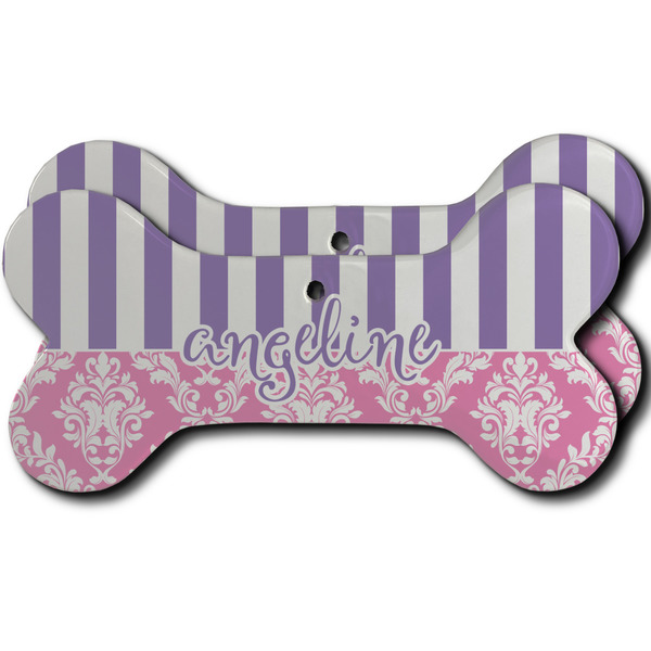 Custom Pink & Purple Damask Ceramic Dog Ornament - Front & Back w/ Monogram