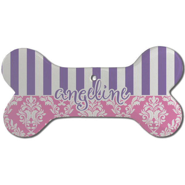 Pink & Purple Damask Ceramic Flat Ornament - Bone Front