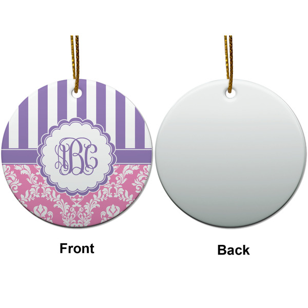 Pink & Purple Damask Ceramic Flat Ornament - Circle Front & Back (APPROVAL)