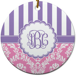 Pink & Purple Damask Round Ceramic Ornament w/ Monogram