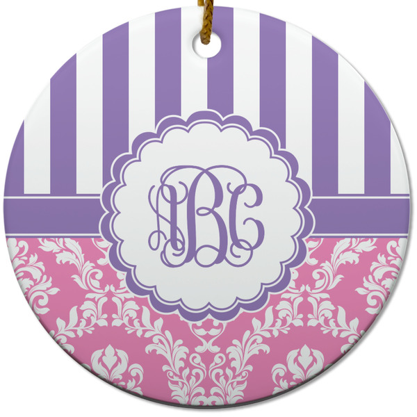 Custom Pink & Purple Damask Round Ceramic Ornament w/ Monogram